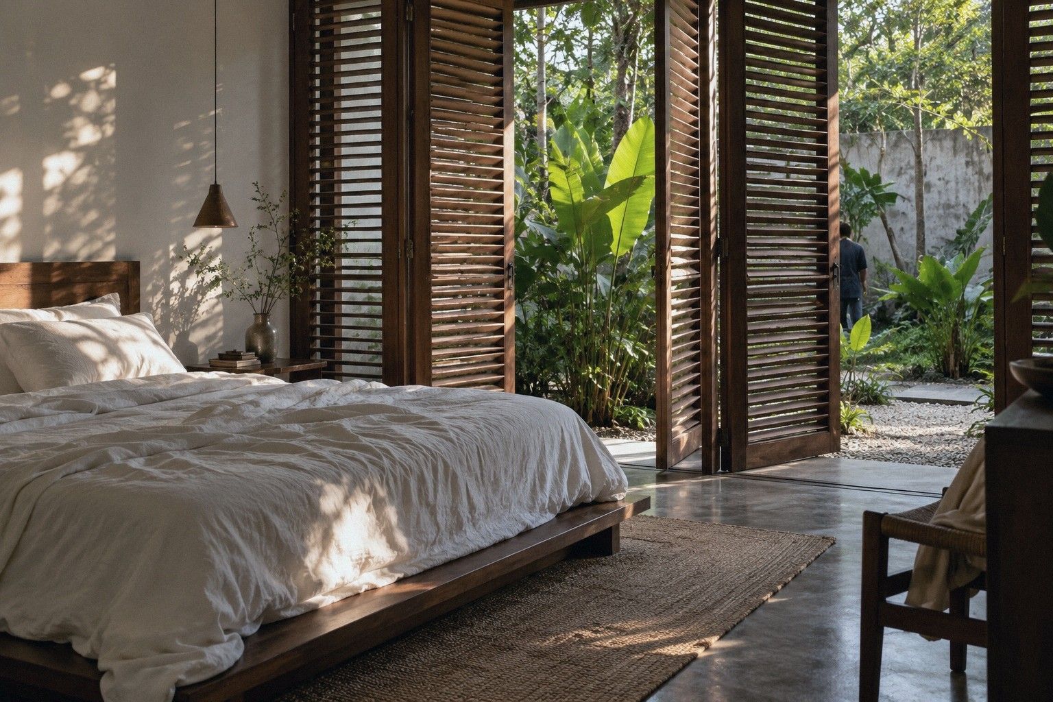 Main bedroom in morning light, with a low bed and a window onto a planted strip