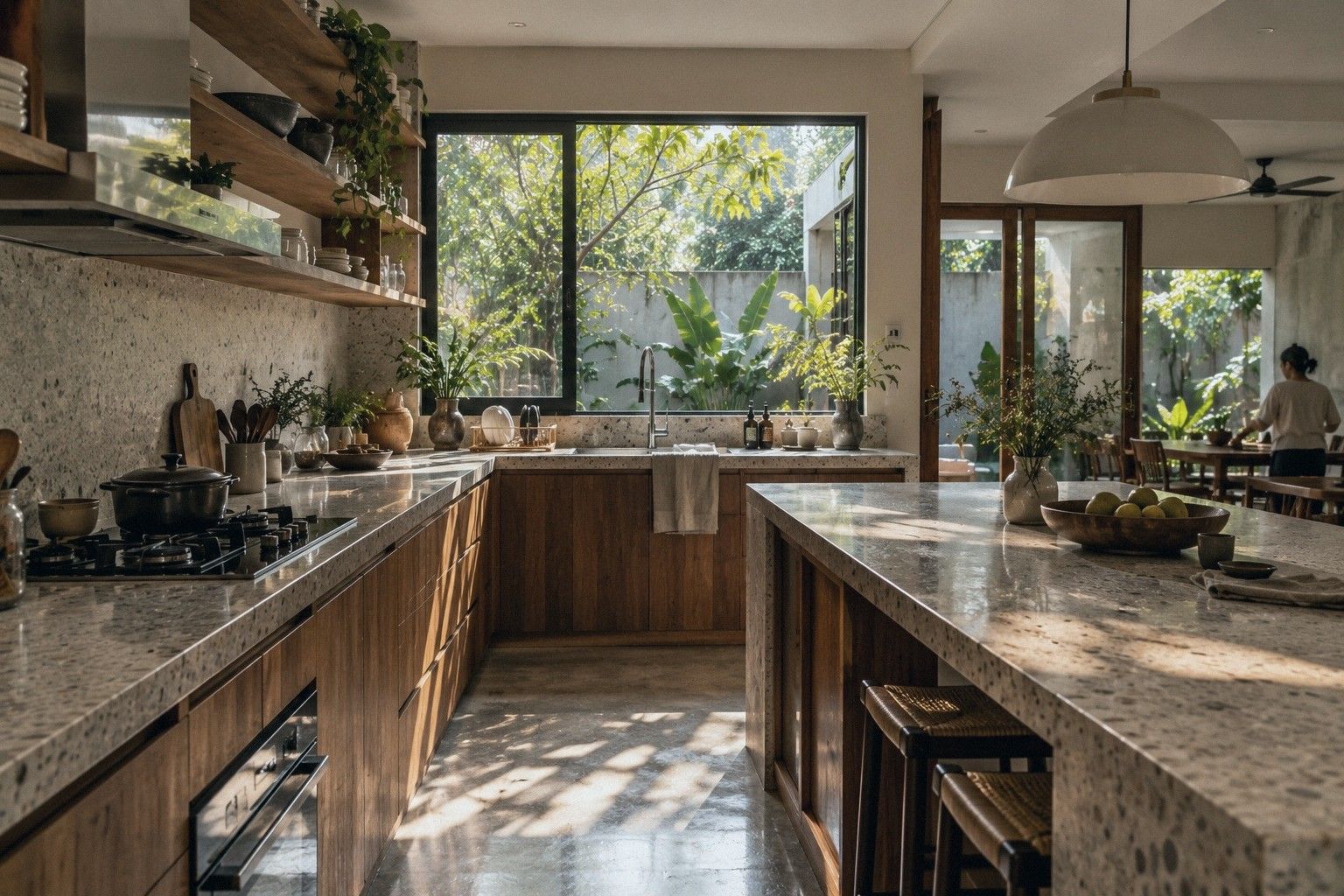 After: the new kitchen, open to the yard through glass doors, with a high window above the hob