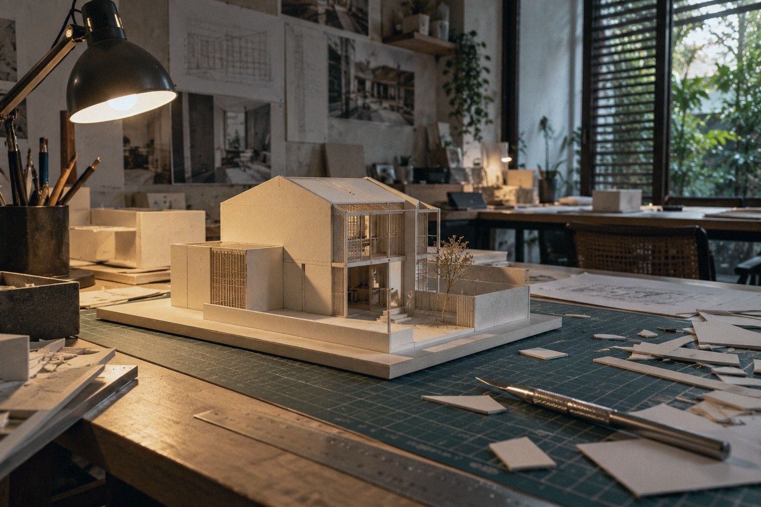 A card model of a house on a work table, with cutting tools beside it